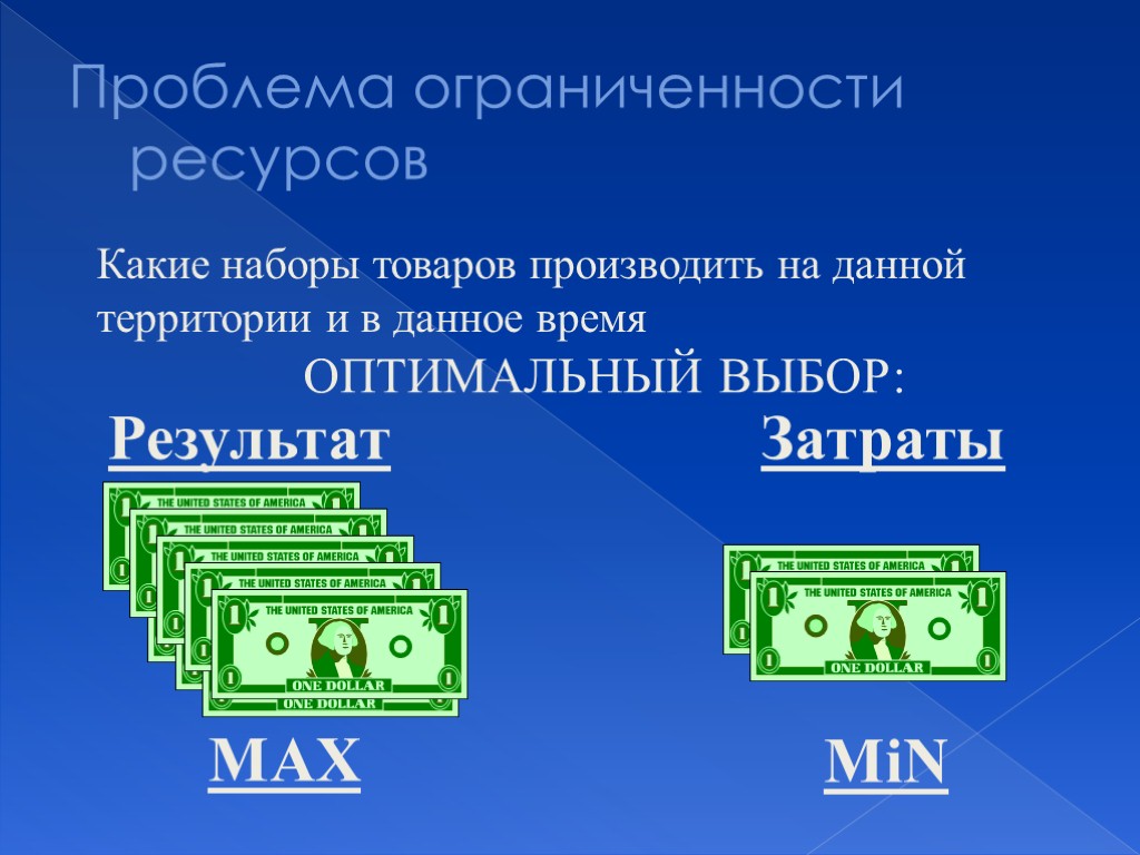 Проблема ограниченности ресурсов Какие наборы товаров производить на данной территории и в данное время